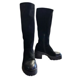 Lili Mill Black Sude Leather Calf Length Boot with Leather Cap Toe Size 6-6.5